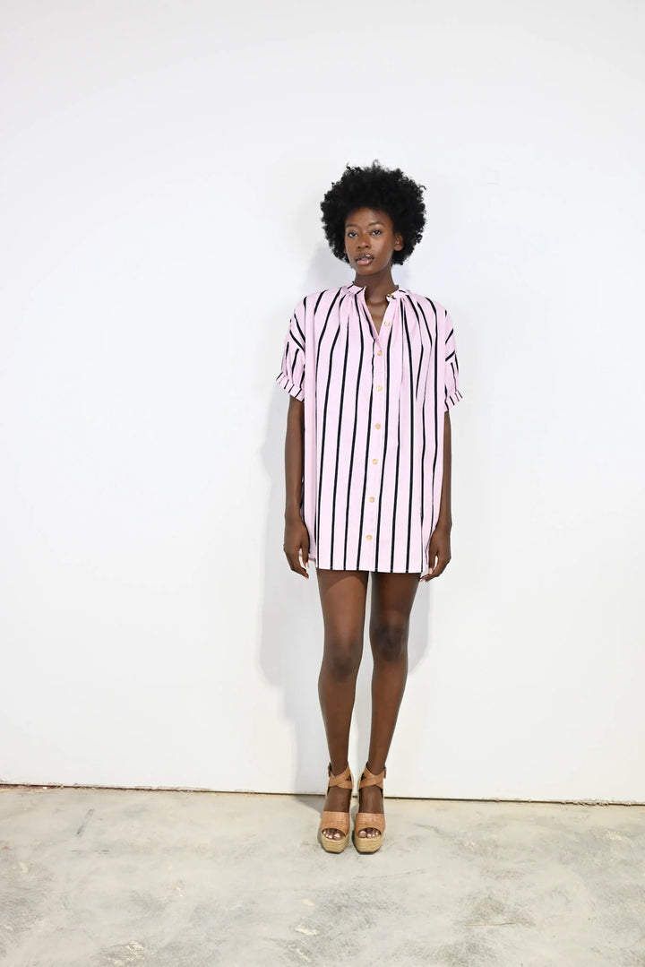 Elastic Sleeve Dress Pink Cabana Stripe