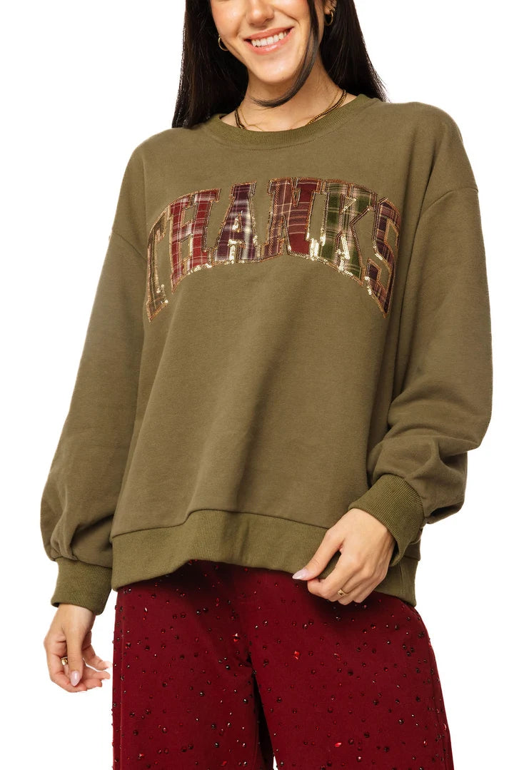 Brown Plaid "Thanks" Sweatshirt