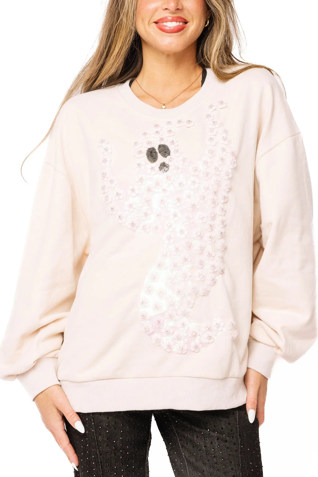 Ivory Sequin Flower Ghost Sweatshirt